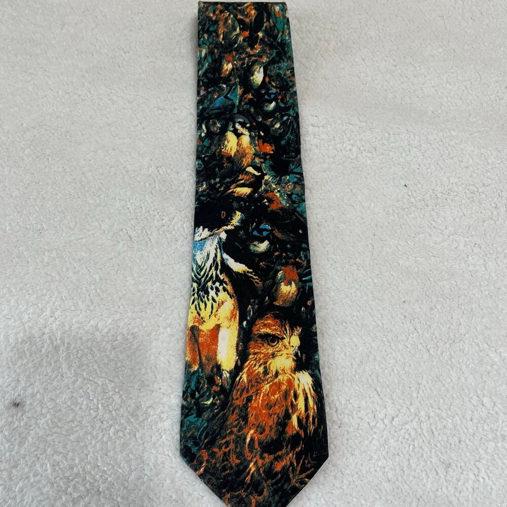 Silk Tie Owls/Birds‎ 58” Black/Orange/Blue-Green Nature Outdoorsman